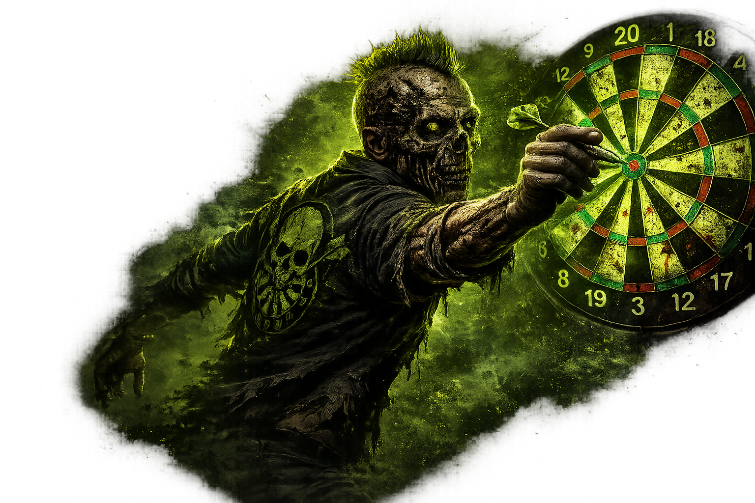 Zombie darts player standing beside an online league dartboard